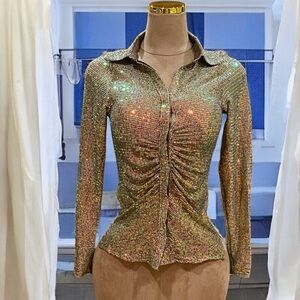 Fashion Nova Glittering Gold Button Down Shirt